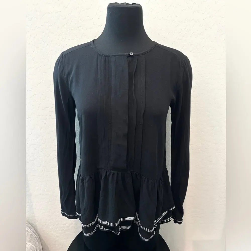 LOFT | Black Long Sleeve Peasant Top Boho Blouse Ruffle Hem Minimalist | XS